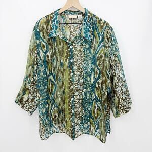 Alfred Dunner Sheer Floral Shirt 22W Teal Green Button Up Lightweight Grandma